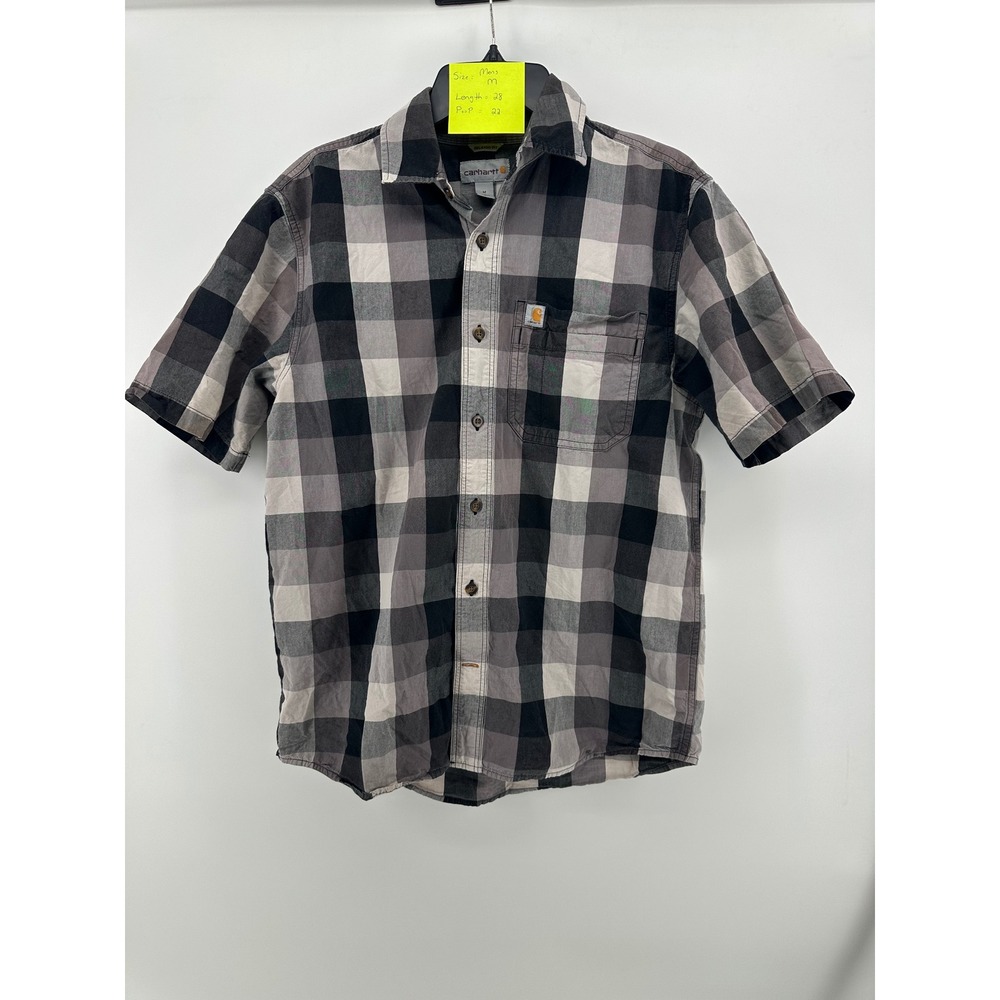 Carhartt Mens Relaxed Fit Plaid Short Sleeve Button Down Shirt Black Grey Size M